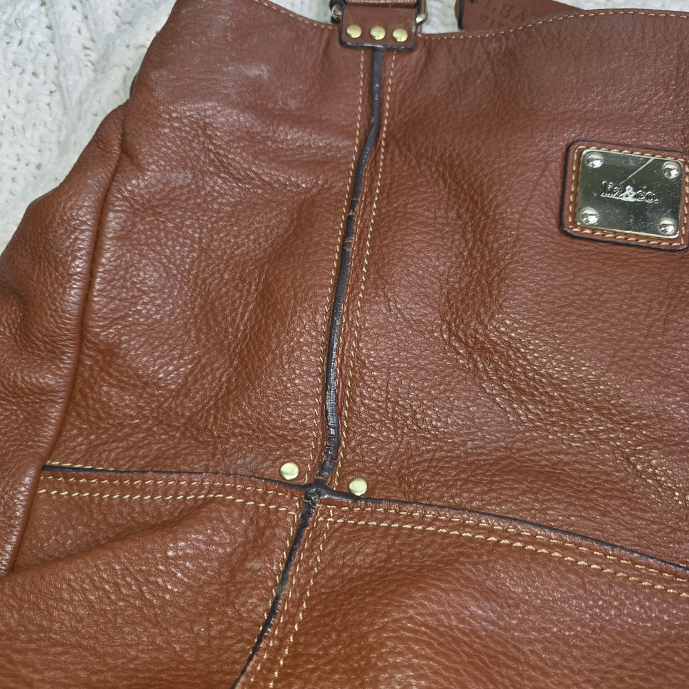 Liz & Co Leather Tote Bag Brown Pebbled Studded Women Large Good - Picture 3 of 10